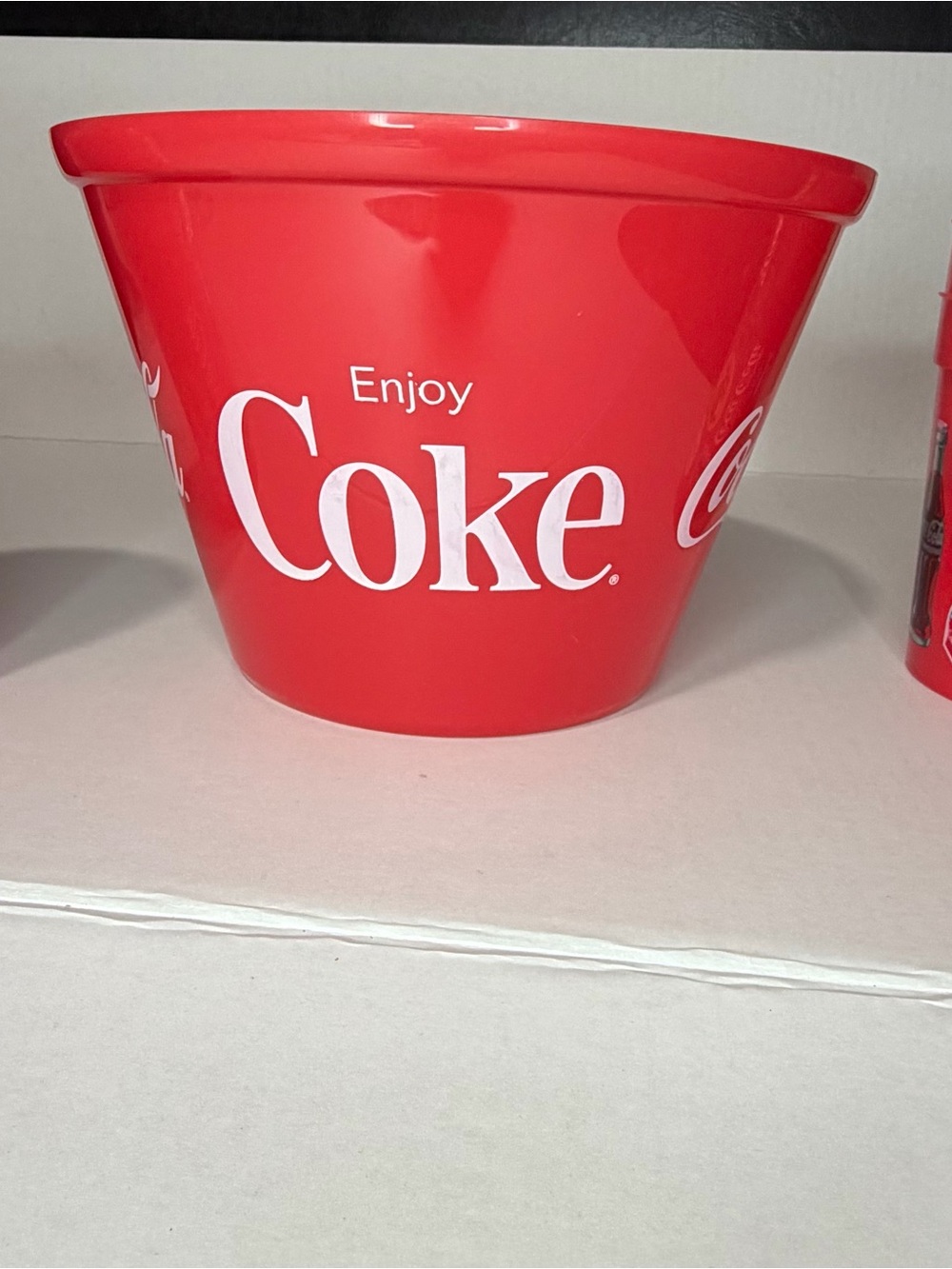 Coca Cola Red Enjoy Coke Party Snack Bowl with  2 plastic cups.